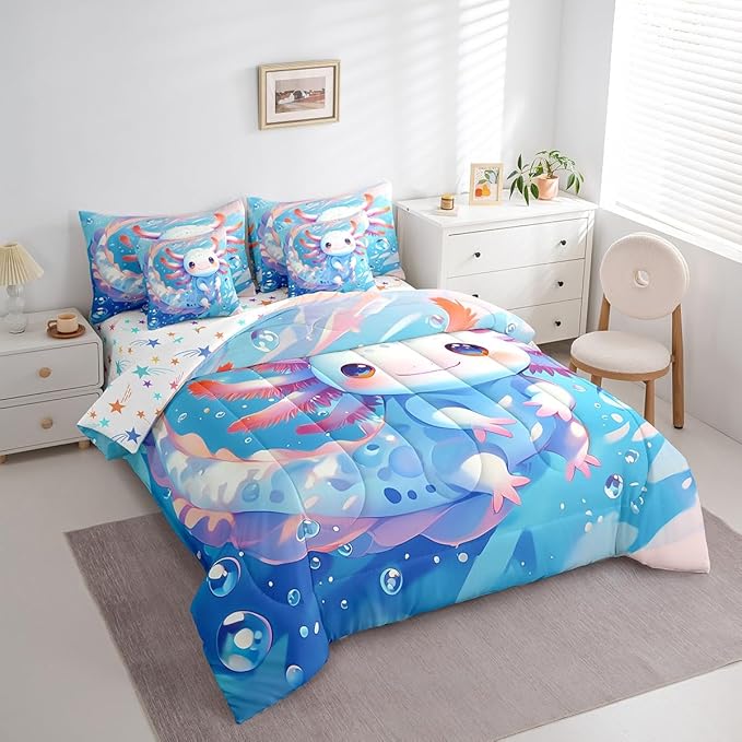 Feelyou Cartoon Salamander Twin Comforter Set with Sheets for Kids Boys Girls Cute Axolotl 7 Pieces Bedding Set Kawaii Ocean Sealife Bed in a Bag Gift for Girls Women Room Lightweight Microfiber