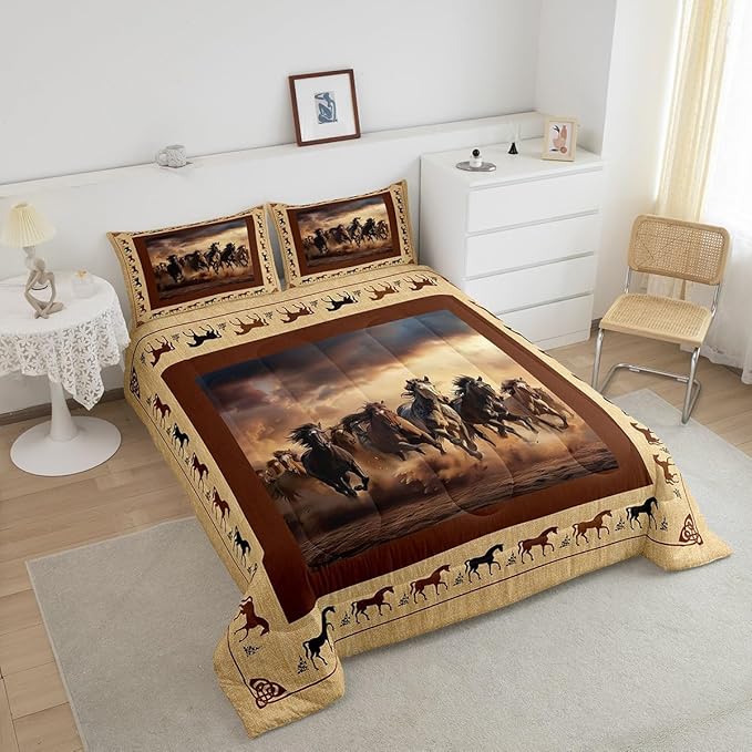 Feelyou Horse Comforter Set Twin Size Galloping Horse Comforter for Boys Kids Teens Western Decor Cute Animal Bedding Set Kawaii Farm Cowboy Brown Duvet Set Room Decor Quilt Set