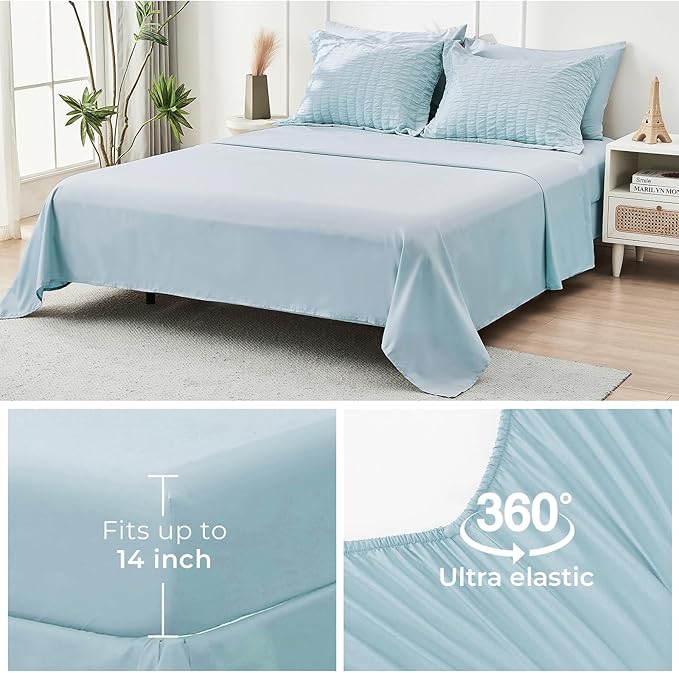 HYMOKEGE Lake Blue California King Comforter Set Seersucker 7 Pieces, All Season Luxury Bed in a Bag for Bedroom, Bedding Set with Comforters, Sheets, Pillowcases & Shams