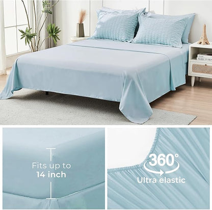 HYMOKEGE Lake Blue California King Comforter Set Seersucker 7 Pieces, All Season Luxury Bed in a Bag for Bedroom, Bedding Set with Comforters, Sheets, Pillowcases & Shams