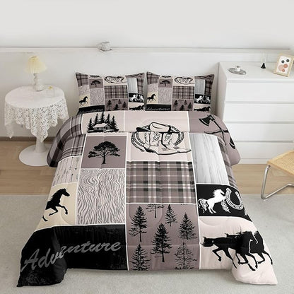 Erosebridal Western Horse Comforter Set, Rustic Farmhouse Quilt King, Southwest Riding Boots Horseshoe Bedding, Geometric Grid Plaid Patchwork Bedding Comforter Sets Cabin Decor for Bedroom, Brown