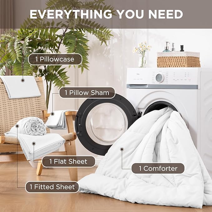5 Pieces Twin Comforter Set - Utral Soft Microfiber Bedding Set, Thick Duvet Insert Bed in a Bag Without Rustling Noise for All Season, White (68"x88")