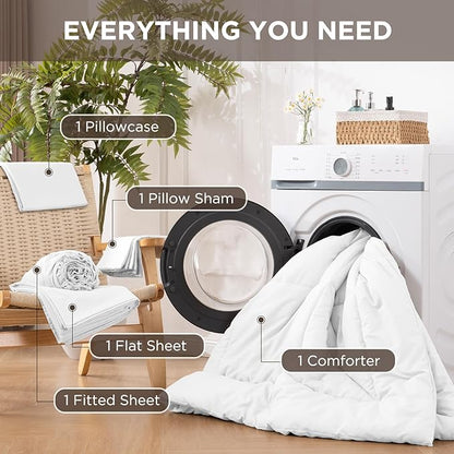 5 Pieces Twin Comforter Set - Utral Soft Microfiber Bedding Set, Thick Duvet Insert Bed in a Bag Without Rustling Noise for All Season, White (68"x88")