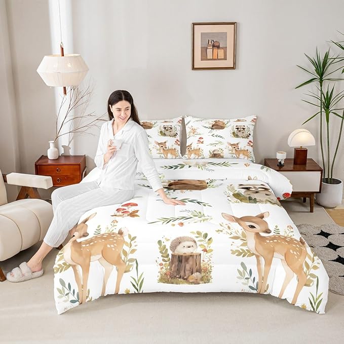 Erosebridal Kids Cute Deer Queen Size Bedding Set, Woodland Animal Down Comforter Rabbit Hedgehog Comforter Set for Boys Teens Girls Room, Mushroom Branches Rustic Quilt, Soft Microfiber