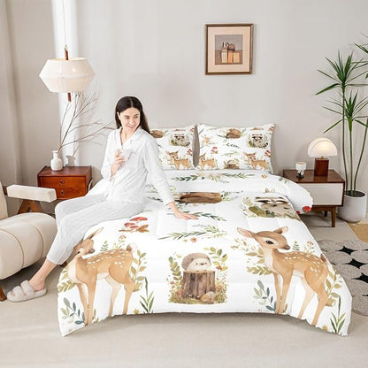 Erosebridal Kids Cute Deer Toddler Size Bedding Set, Woodland Animal Down Comforter Rabbit Hedgehog Comforter Set for Boys Teens Girls Room, Mushroom Branches Rustic Quilt, Soft Microfiber