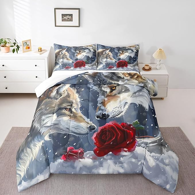 Erosebridal Wolf Twin Bedding Set,Hunting Wolf Comforter Set for Kids Boys Girls Bedroom Decor,Wildlife Animal Safari Bed Set Exotic Red Rose Floral Bedding Comforter Sets,1 Pillowcase