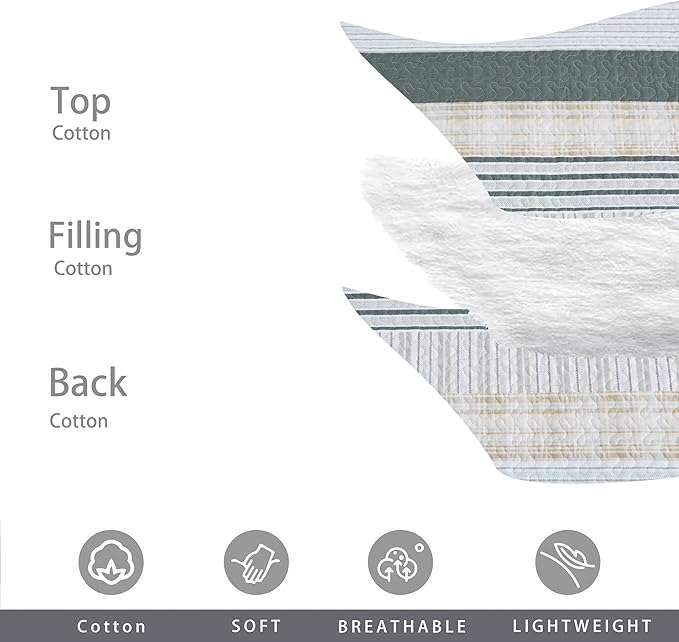 Homzard Quilt King Size - Cotton King Size Comforter,Beige Grey Plaid Bedding Set,Striped Bedspread Set(106 * 98 Inches),3 Piece