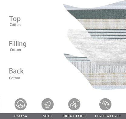 Homzard Quilts Queen Size - Cotton Queen Size Comforter Sets,Beige Grey Cotton Bedding,Striped Plaid Comforter Bedspread (90 * 98 Inches),3 Piece