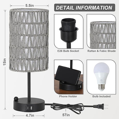 Touch Bedside Lamp For Bedroom with Bulb, Gray Boho Small Table Lamp For Living Room With Rattan & Linen Shade, 3 Way Dimmable Table Lamp For Nightstand With USB Charging Port & Phone Stand For Office