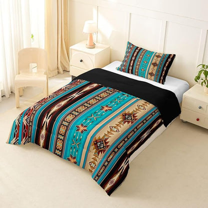 Aztec Bedding Set Ethnic Tribal Arrow Comforter Set,Vintage Southwestern Native Bohemian Quilt Twin,Western Star Duvet Insert Exotic Geometric Diamond Stripes Room Decor,Teal Blue and Brown