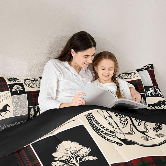 Erosebridal Southwest Horse Bedding Set for Kids, Western Horseshoe Comforter Set Cowboys Cowgirls Riding Boots Quilt for Boys Teens Adult, Forest Rustic Farmhouse Adventure Duvet Insert, King Size