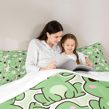Erosebridal Kawaii Frogs Comforter Set Queen Size, Cartoon Frog Bedding Set for Kids Boys Girls Teens, Green Wild Animals Farmhouse Down Comforter, Cute Wildlife Rustic Funny 3Pcs Duvet Insert