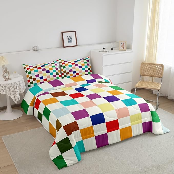 Feelyou Colorful Checkered Retro Bedding Set Kids Boys Girls Modern Geometric Cute Comforter Set Full Size Beige Colorful Duvet Insert Vintage Simple Groovy Aesthetic Room Decor