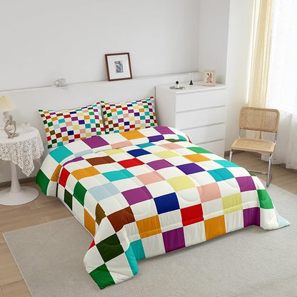Feelyou Colorful Checkered Retro Bedding Set Kids Boys Girls Modern Geometric Cute Comforter Set Toddler Size Beige Colorful Duvet Insert Vintage Simple Groovy Aesthetic Room Decor