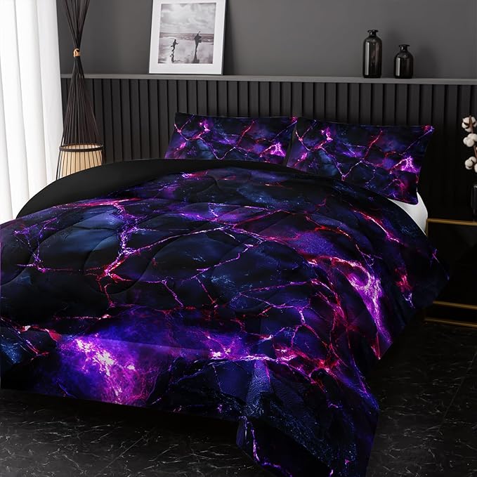 Purple Comforter Set Queen Size，Purple Marble Bedding Set 3 Pcs Bedding for Adults,Violet Marble Room Decor with Soft and Lightweight Comforter and 2 Pillowcases