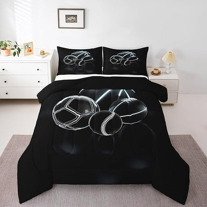 Feelyou Football Comforter Set Full Size Basketball Comforter for Boys Girls Teens Rugby Sports Bedding Set Ball Game Duvet Set Room Decor Earth Black Mixed Ball Quilt Set