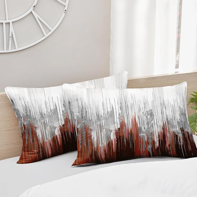 Burnt Orange White Gradient Print Comforter Set Full Size,Abstract Art Bedding Set,Patchwork Printed Quilted Set for Teens Adult,with 1 Comforter and 2 Pillow Case