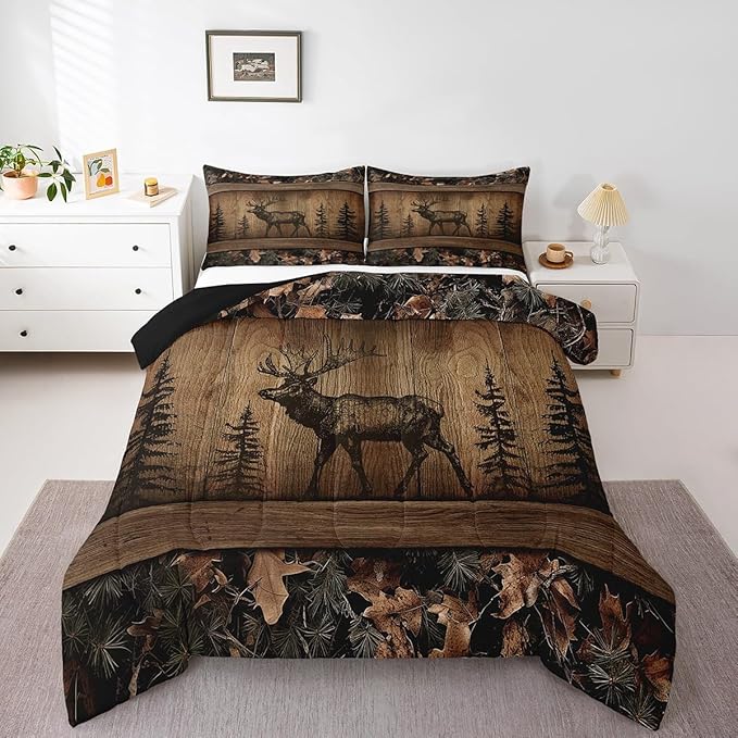 Erosebridal Camo Moose Bedding Comforter Sets Rustic Tree Camouflage Wildlife Bedding Set Toddler Woodland Hunting Animal Comforter Set for Kids Boys Men Farmhouse Wood Board Pine Tree Quilt Set