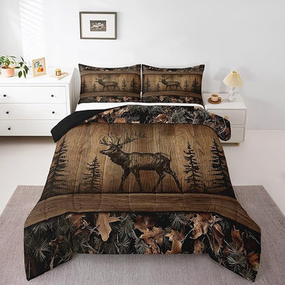 Erosebridal Camo Moose Bedding Comforter Sets Rustic Tree Camouflage Wildlife Bedding Set Full Woodland Hunting Animal Comforter Set for Kids Boys Men Farmhouse Wood Board Pine Tree Quilt Set