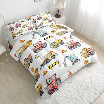Cartoon Excavator Comforter Set, Twin Size, Kids Bedding Set, Construction & Automobiles Theme, All Season Comforter & 2 Pillowcases