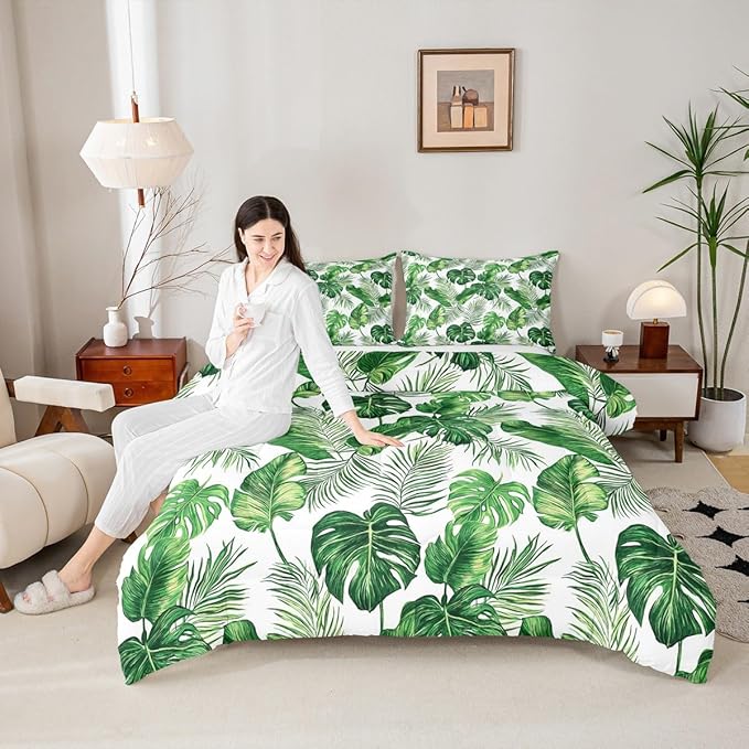 Erosebridal Palm & Monstera Leaves Comforter, Full Size - Lightweight Green & White Hawaiian Bedding Set with 2 Pillow Cases