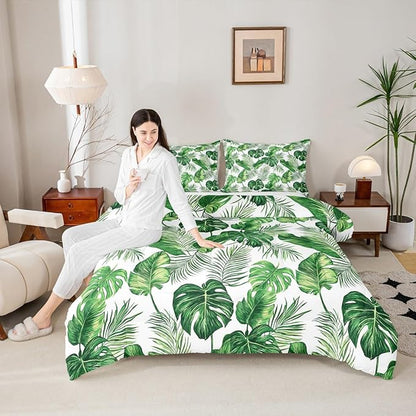 Erosebridal Palm Leaves Comforter Set Hawaiian Bedding Set Monstera Banana Leaves Down Comforter King Size Summer Tropical Leaves Quilt Set Green White Lightweight 3Pcs Bedroom Decor