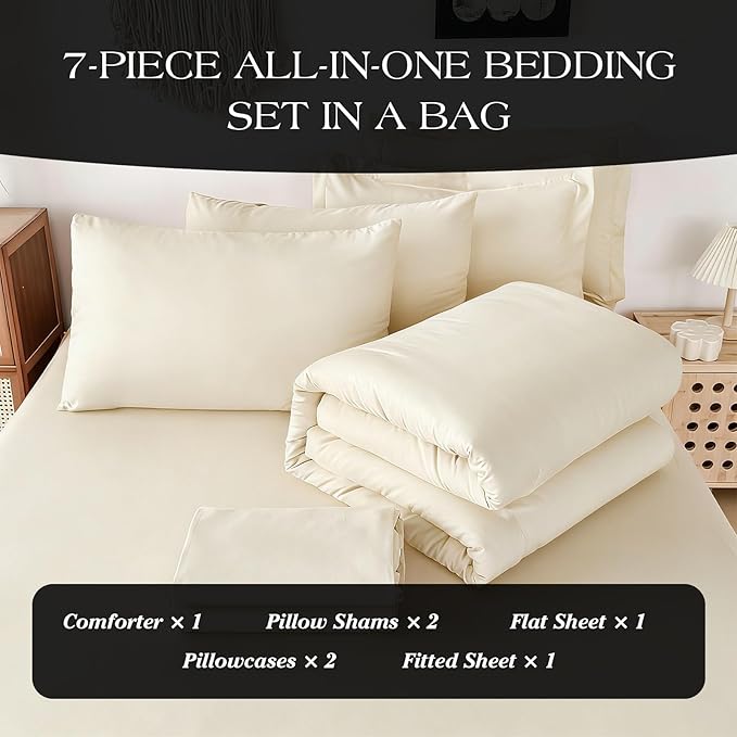 Double Brushed Micorfiber Twin/XL Twin Comforter Set Cream- 7-Piece Bed in a Bag, All-Season Soft Bedding with Sheets & Envelope Pillowcases (68"x88",Twin)