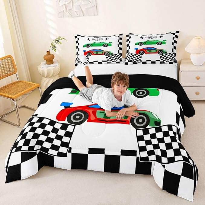 jejeloiu Boys Cartoon Racer Car Bedding Set King Size Black White Checkerboard Comforter Set for Kids Green Red Duvet Set Cute Car Quilt Set 3Pcs