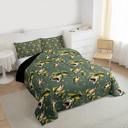 Erosebridal Bass Fishing Full Bedding Set - Pike Fish Theme Comforter Set for Boys Kids Teen | Hunting Fisherman Quilt | Lake House Rustic Cabin Bedroom Decor with 2 Pillowcases
