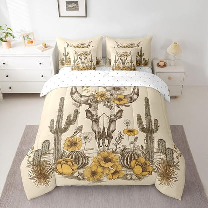Erosebridal Flower Bull Skull 7 Piece Comforter Set Twin | Brown Symbol Tribal Bed in A Bag Tropical Bed Set Ethnic Bohemian Sheet Set Reversible Antique Aztec Fitted Sheet Breathable Lightweight