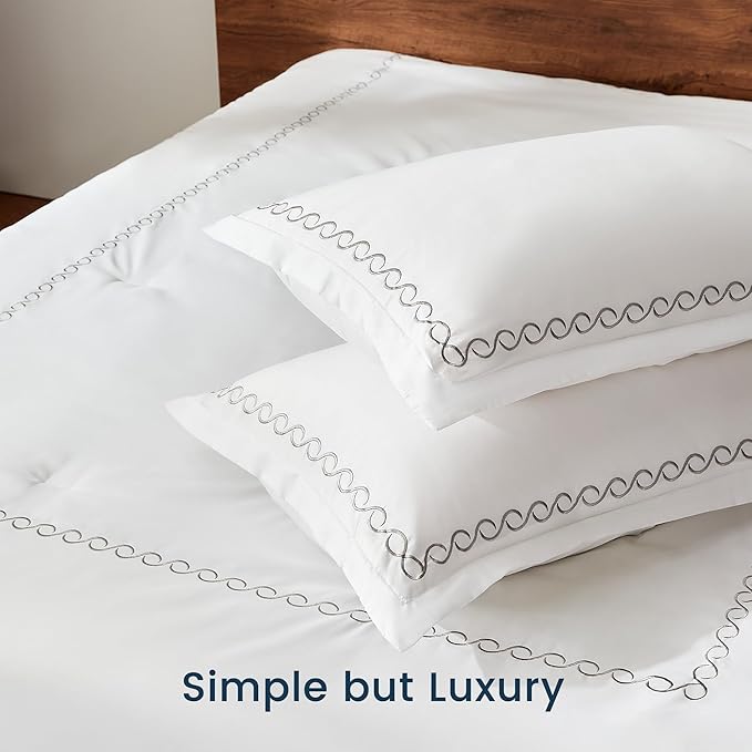 SLEEP ZONE Queen Comforter Set, Luxury Hotel Collection Comforter, 3 Pieces Fluffy Lightweight Down Alternative Duvet Insert with Embroidered Stripes (Wave Curves, Full/Queen)