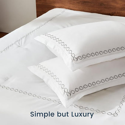 SLEEP ZONE Queen Comforter Set, Luxury Hotel Collection Comforter, 3 Pieces Fluffy Lightweight Down Alternative Duvet Insert with Embroidered Stripes (Wave Curves, Full/Queen)