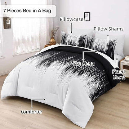 Dinjoy Ombre Black Comforter Set Queen Size Gradient Black White Boho Bedding Set for Teen Men Women 7 Pieces Bed in A Bag Bohemian Bed Set with Comforter, Sheets, Pillowcases & Shams