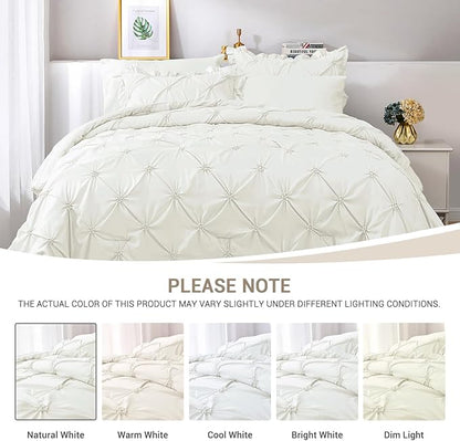 JOLLYVOGUE Ivory Full Size Comforter Sets 7 Pieces, Pintuck Bed in a Bag Comforter Set for Bedroom, Bedding Comforter Sets with Comforter, Sheets, Ruffled Shams & Pillowcases