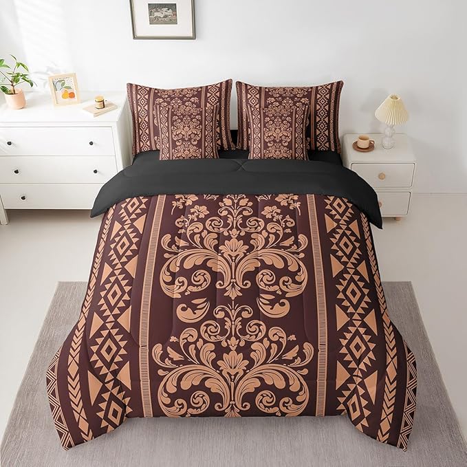Comforter Set Queen Size, Burnt Sienna Aztec Damask 7 Pcs Bedding for Kids Adults, Victorian Decor Western Baroque Goth Bed Sheet Sets with Fitted Sheet 2 Pillowcases & 2 Shams for Bedroom Bed Decor