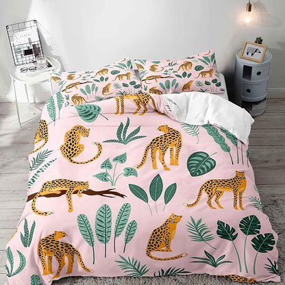 LUVIVIHOME 3PCS Leopard Duvet Cover King Bedding Set, Boho Aesthetic Palm Leaf Monstera Plant Cactus Botanical Tropical Jungle Safari Animals Cheetah Print Light Pink Comforter Cover, 2 Pillow Cases