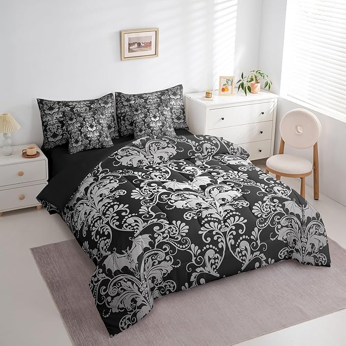 Erosebridal Gothic Damask Bed in a Bag King Size Comforter Set 7 Pieces,Halloween Bat Bedding Sets Black White Victorian Floral Goth Sheet Set with Comforter