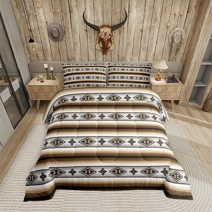 Erosebridal Rustic Lodge Cabin Comforter Set Toddler Western Boho Bedding Sets Bohemian Striped Aztec Quilt Comforter for Kids Adults Men Retro Brown Country Bed Set Farmhouse Home Decor 2 Pcs