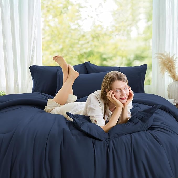 FUANNA Queen Comforter Set Navy Blue, 7 Pieces Soft Bedding Sets Queen Size, All Season Lightweight Bed in a Bag with Comforter, Flat Sheet, Fitted Sheet, Pillowcases & Shams