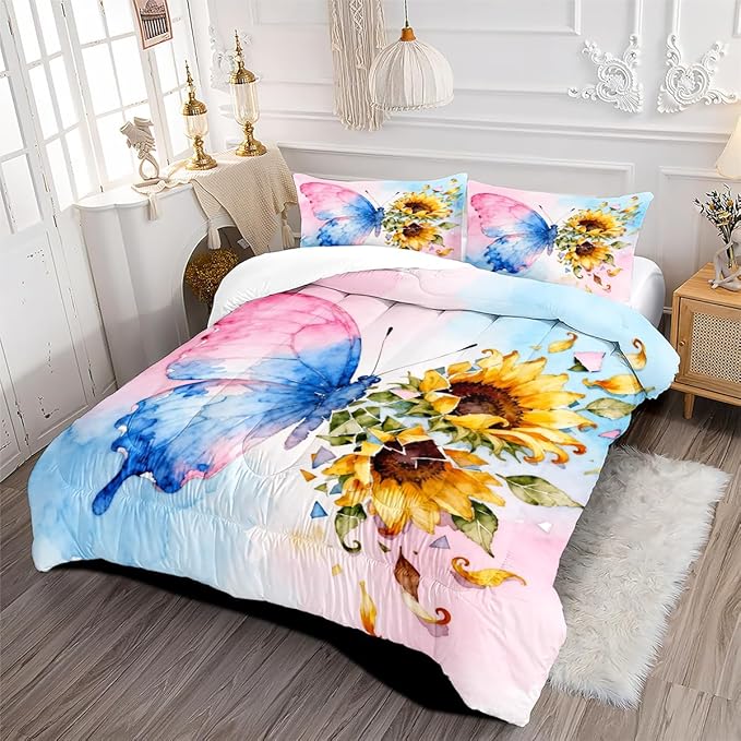 Butterfly Comforter Set Queen 3 Pieces Blue Pink Green Tie Dye Bedding Set for Kids Teens Butterflies Floral Sunflower Comforter with 2 Pillowcases, Super Soft Microfiber All Season