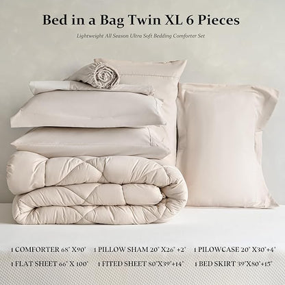 Newspin Twin XL Comforter Set Beige - Bed in a Bag Twin XL Size 6 Pieces, All Season Bed Set, Fluffy Comforter Set with Sheets, Sheet Set Quilt Blanket, Pillowcases & Shams & Bed Skirt