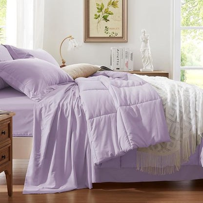 Anluoer Full Comforter Set 7 Piece, Lavender Bed in a Bag with Sheets, Comforters Full Size Bedding Sets with 1 Comforter, 2 Pillow Shams, 2 Pillowcases, 1 Flat Sheet,1 Fitted Sheet