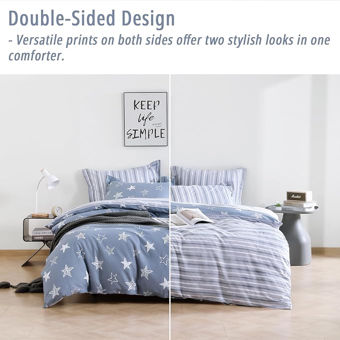 Blue Cotton Comforter Queen Size 3Pcs - White Doodle Style Stars on Denim Blue Front, Gray Stripes on Back, Reversible Lightweight Bedding Sets with Soft Fill(Queen, 90"×90")