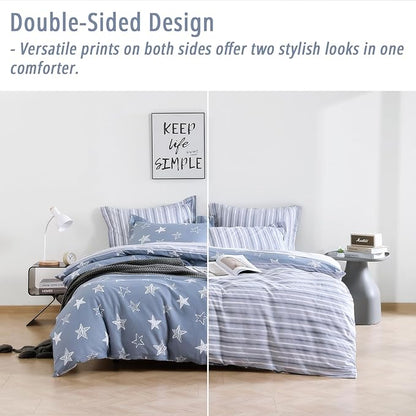 Blue Cotton Comforter King Size 3Pcs - White Doodle Style Stars on Denim Blue Front, Gray Stripes on Back, Reversible Lightweight Bedding Sets with Soft Fill(King, 104"×90")