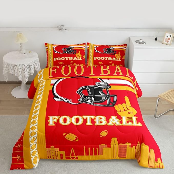 Feelyou Football Bedding Set Boys Girls King Size Sports Theme Women Men Rugby Sports Comforter Football City Duvet Quilt Yellow Red Room Decor