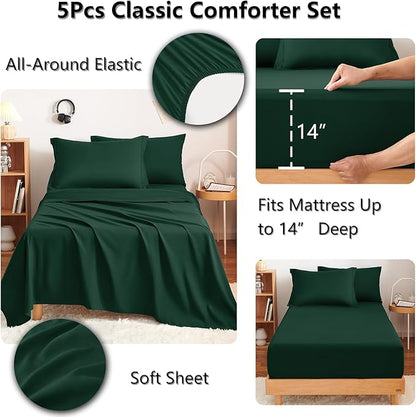 CozyLux Twin Comforter Set with Sheets Emerald Green - 5 Pieces Bed in a Bag Twin, All Season Bed Set for Girls and Boys, Bedding Set with Down Alternative Comforter, Sheets, Pillowcase & Sham