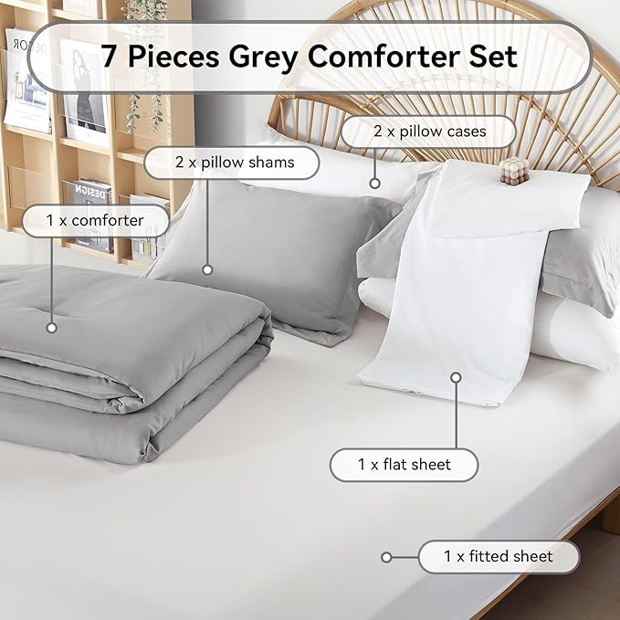 weigelia King Size Comforter Set 7 Pieces Grey Bed Comforter Set Bed in a Bag Solid Color Soft Microfiber King Bedding Set with Sheets Pillow Shams and Pillowcases