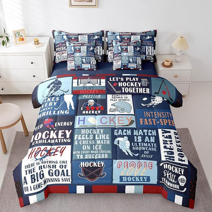 Erosebridal Kids 7 Pcs Teal Patchwork Bed in a Bag Queen Comforter Set,Ice Hockey Sheet Set for Boys Teens Men,Navy Blue Sports Game Bedding with Comforter,Vintage Geometric Striped Quilt Cover