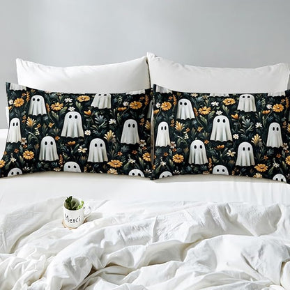 Erosebridal Spooky Halloween Boho Black Queen Comforter Set, Cute Ghost Bedding Set for Kids Boys Girls Teens Women Men Halloween Decor, Black Bohemian Floral Comforter, Retro Horror Theme Quilt