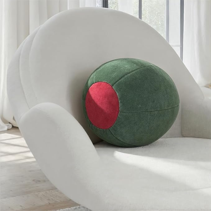 Creative Co-Op Cotton Velvet Olive Shaped Pillow, Green and Red